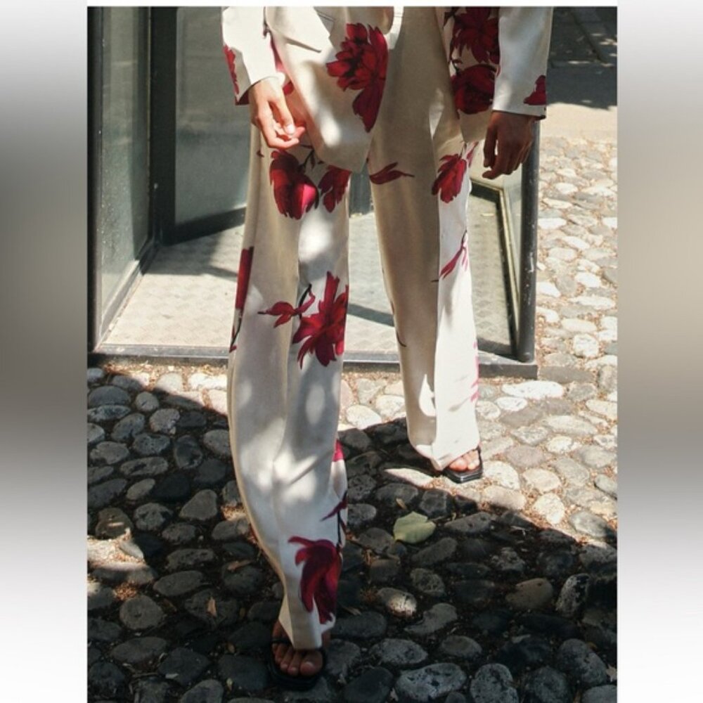 ZARA FLORAL PRINT SATIN EFFECT PANTS